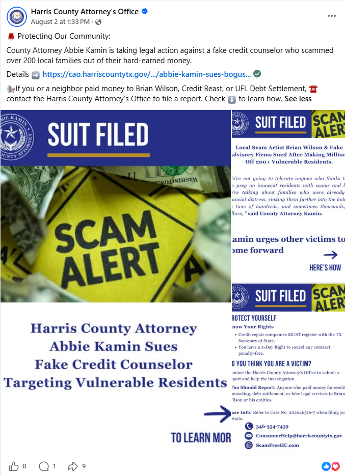 Harris County Attorney's Office Facebook post announcing lawsuit against Brian Wilson, Credit Beast, and UFL Debt Settlement