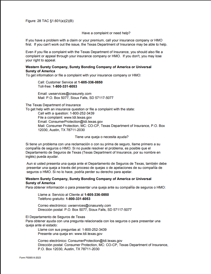 Texas Department of Insurance complaint notice for Western Surety Company