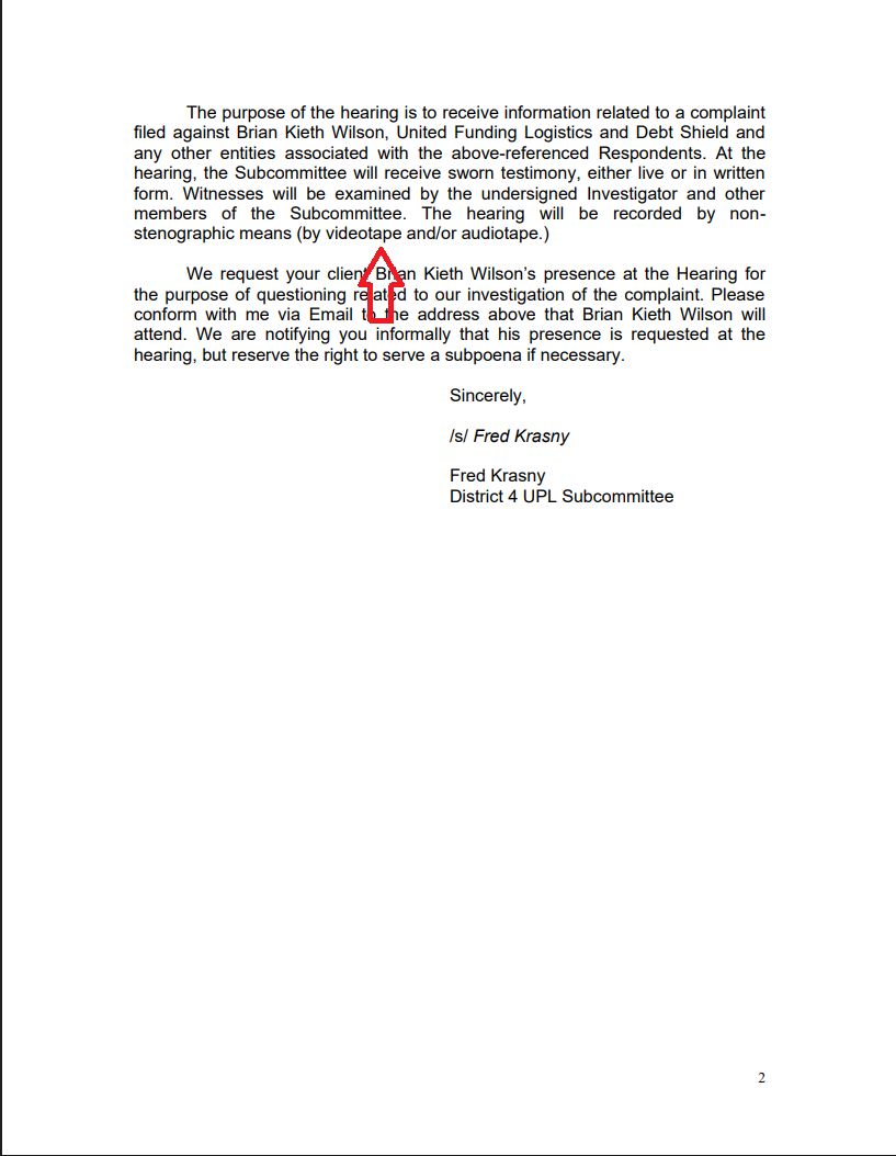 UPLC Notice of Investigatory Hearing — page 2, requesting Brian Kieth Wilson's presence at the hearing