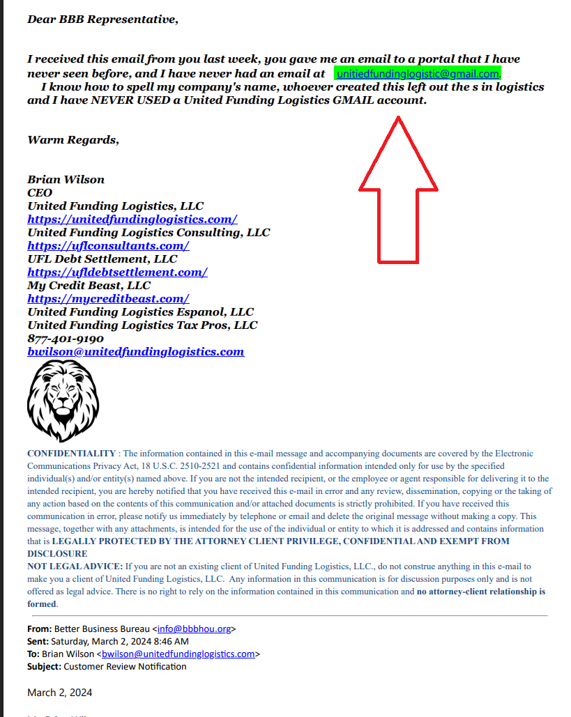 March 2, 2024 reply from Brian Wilson to the BBB flagging the misspelled email unitiedfundinglogistic@gmail.com
