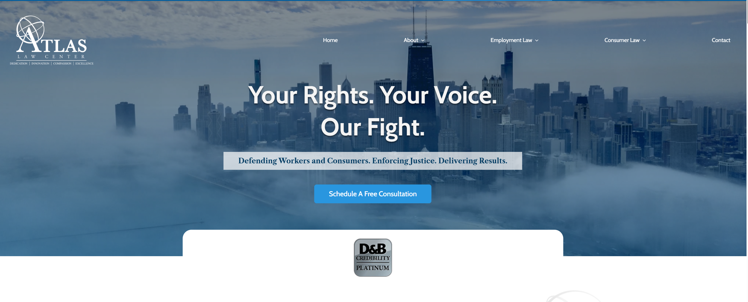 Atlas Law Center website homepage — Chicago skyline hero with the slogan 'Your Rights. Your Voice. Our Fight.' and D&B Credibility Platinum badge