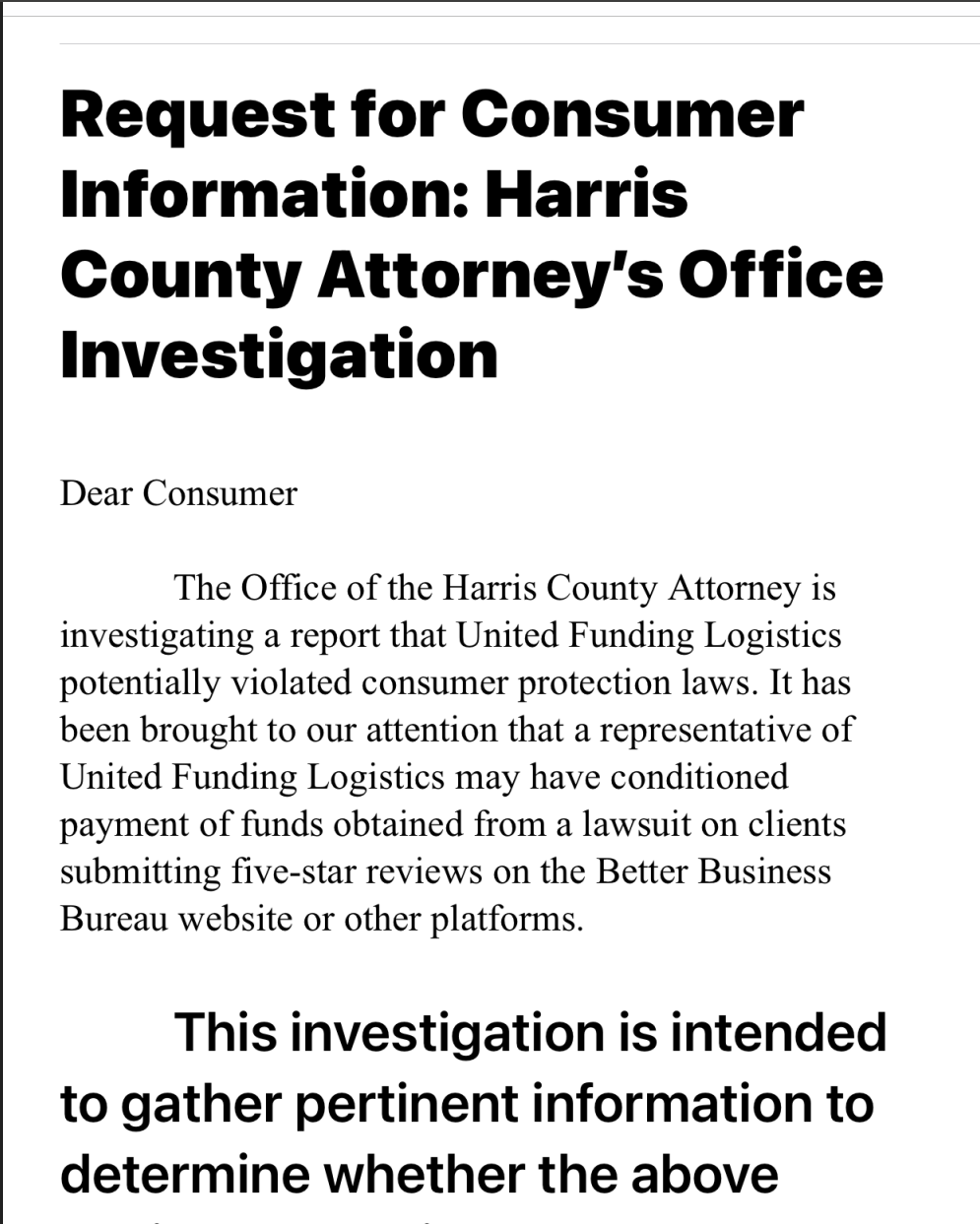 HCAO Request for Consumer Information letter — Harris County Attorney's Office investigation notice regarding United Funding Logistics and BBB five-star reviews