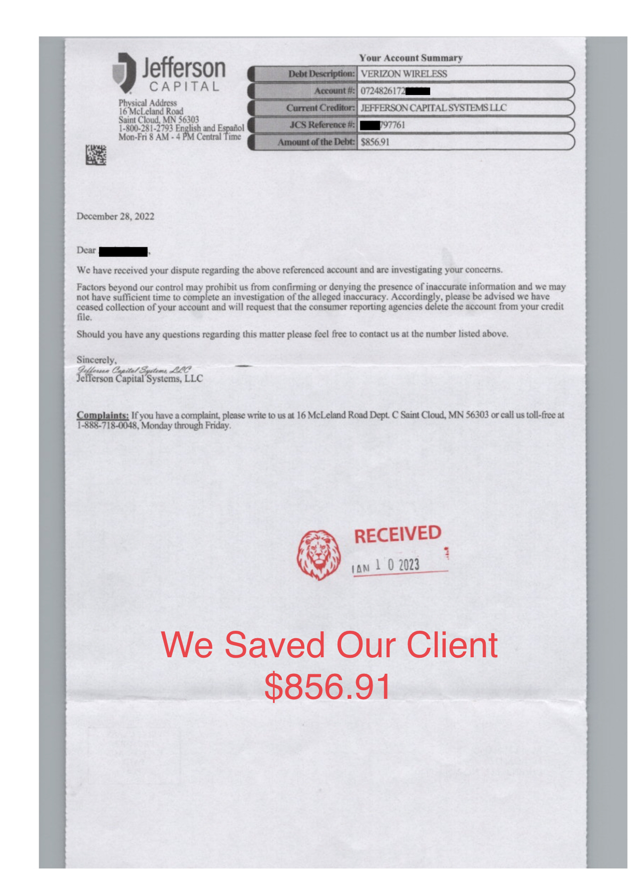 Debt collector response letter