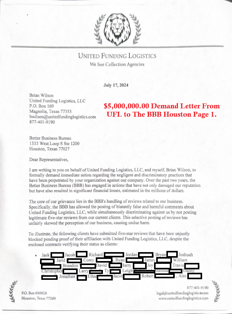 $5,000,000 demand letter from UFL to BBB — page 1, July 17, 2024, signed Brian Wilson