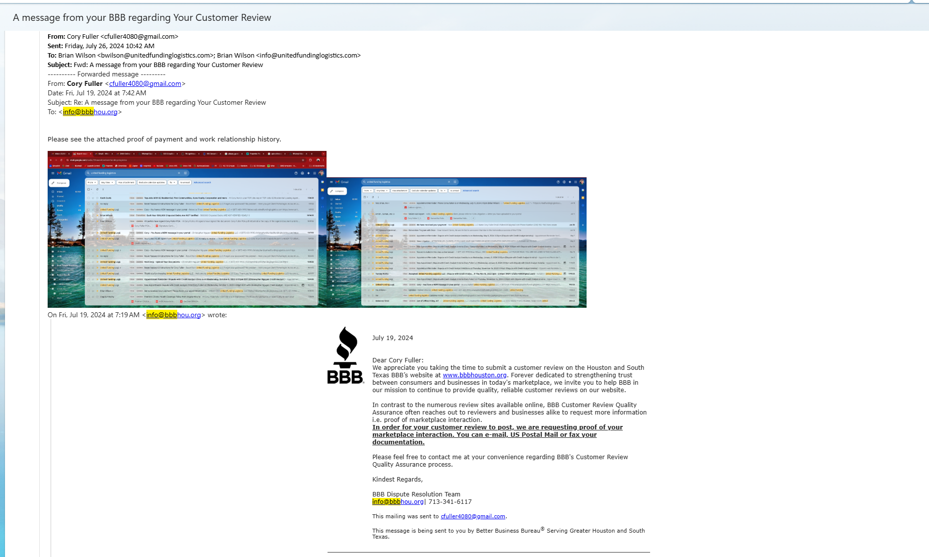 Email chain from Cory Fuller to the BBB (info@bbbhou.org) forwarding proof of payment and work relationship history with United Funding Logistics, after the BBB requested proof of marketplace interaction before his positive review could post