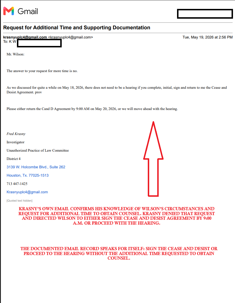 Annotated Fred Krasny reply denying additional time — Krasny's own email confirms his knowledge of Wilson's circumstances and request for additional time to obtain counsel