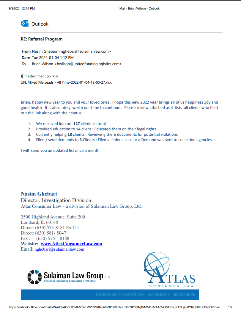 Atlas Consumer Law email to Brian Wilson confirming UFL client referrals and case statuses
