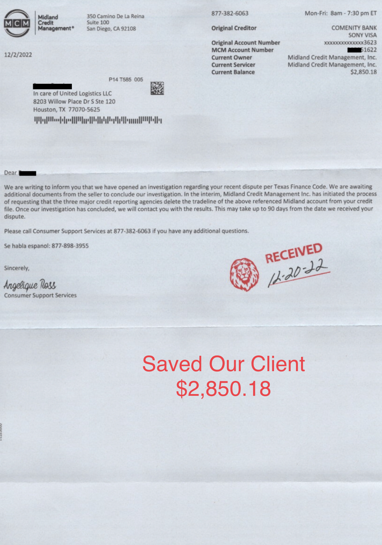 Debt collector response letter