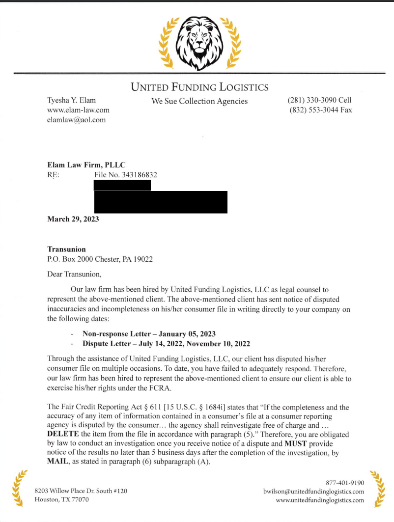 Elam Law Firm FCRA reinvestigation demand to TransUnion — Tyesha Y. Elam, page 1
