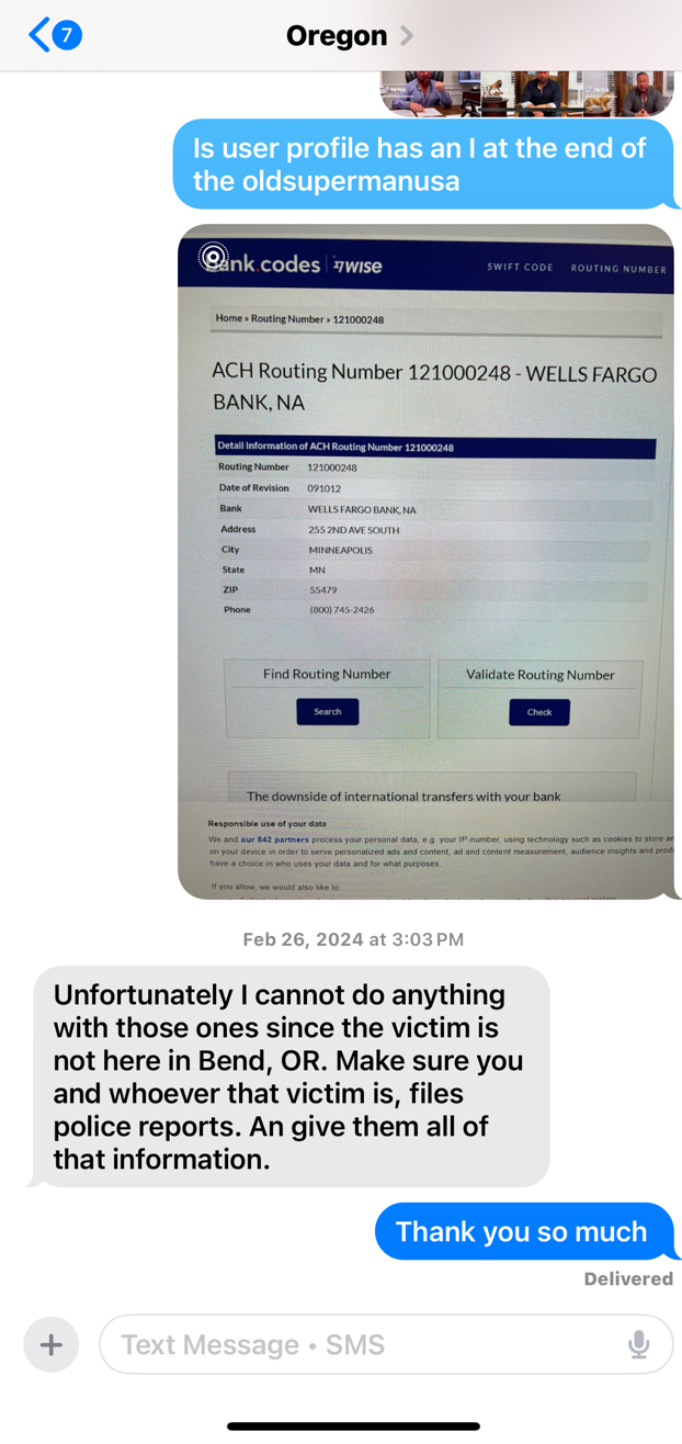 bank.codes lookup result for ACH routing number 121000248 — Wells Fargo Bank NA, Minneapolis MN — the routing number Wilson traced from the fraud transaction chain and forwarded to the Oregon detective