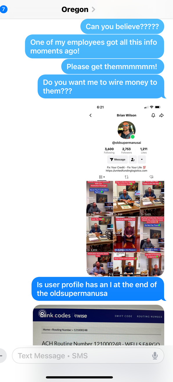 iMessage thread forwarding the impersonator TikTok profile @oldsupermanusai to the Bend, Oregon detective — fake handle using Wilson's real handle with an extra letter, profile photo, bio linking unitedfundinglogistics.com