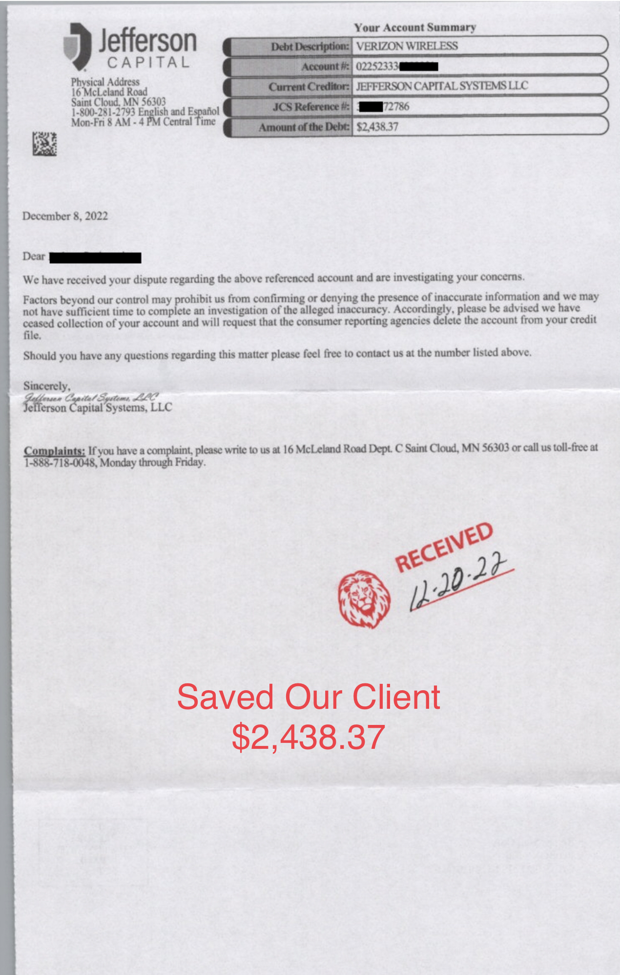 Debt collector response letter
