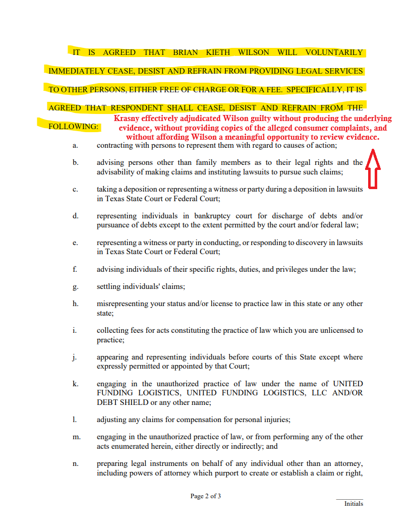 UPLC Cease and Desist Agreement — Page 2 of 3 (annotated: Krasny adjudicated Wilson guilty without producing evidence)