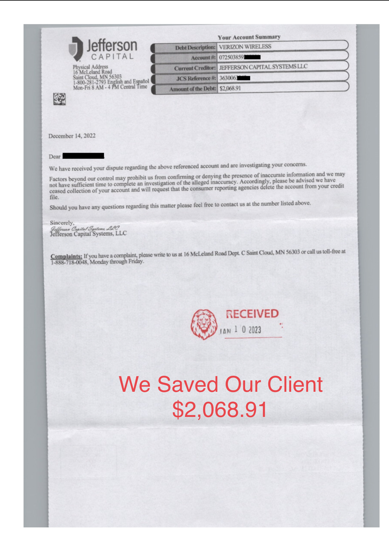 Debt collector response letter