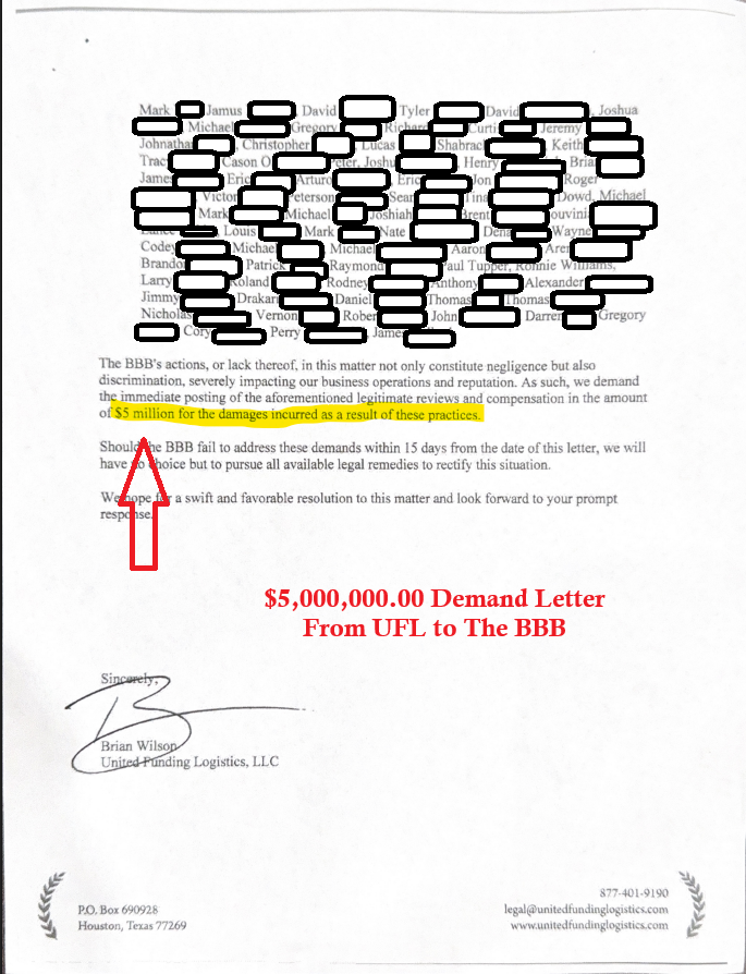$5,000,000 demand letter from UFL to BBB — page 2, $5 million demand and 15-day deadline, signed Brian Wilson