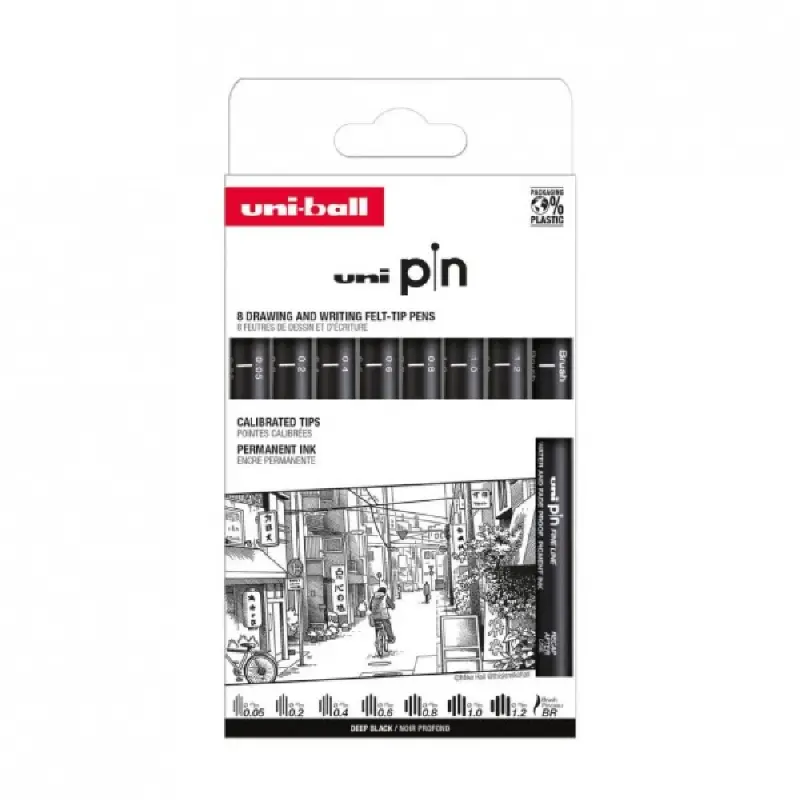 Set 8 x Linere UNI PIN-200, pe baza de apa, varf 0.05-1.2mm + pensula, negru