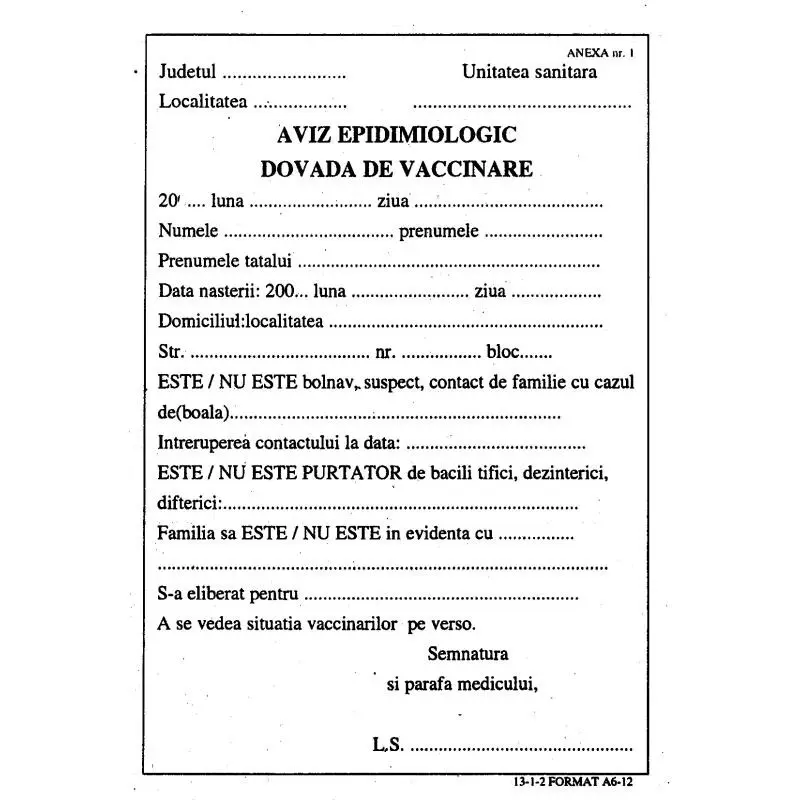 Aviz epidemiologic, dovada de vaccinare A6