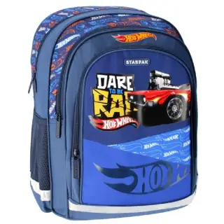 Ghiozdan Starpak Hot Wheels, 41cm, 3 compartimente, 2 buzunare laterale, albastru