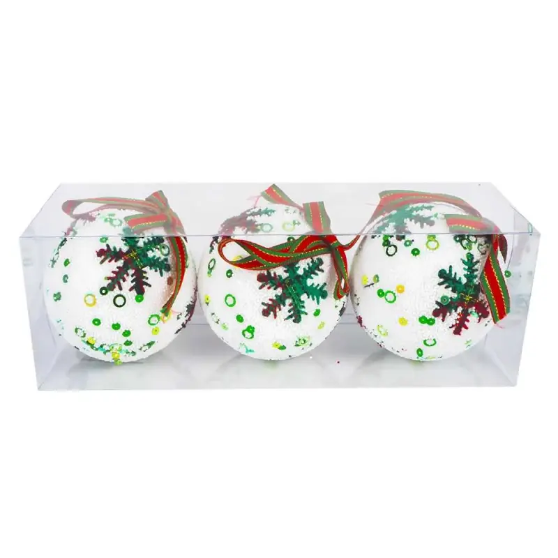 Set 3 Globuri Albe Fulgi Colorati, 8 Cm