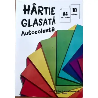 Hartie glasata autocolanta A4, set 10 coli, 10 culori