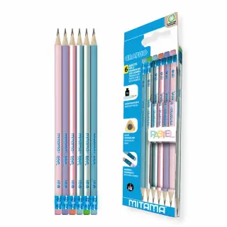 Set 6 creioane HB Mitama cu radiera, design pastel