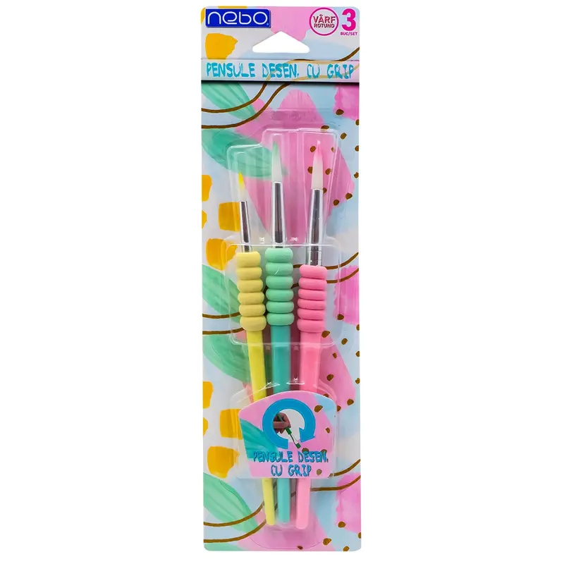 Pensule desen, cu grip, culori pastel, varf rotund, 3 buc/set - NEBO