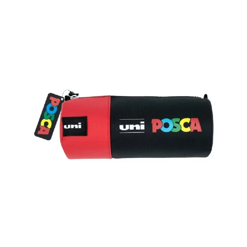 Penar echipat UNI Posca, cilindric, 1 fermoar, negru cu rosu, 16 markere (6x5M, 6x3M, 4x1M)
