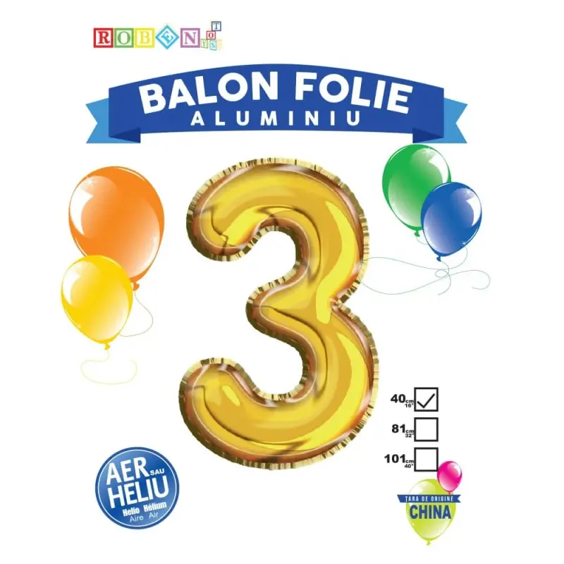 Balon, folie aluminiu, auriu, cifra 3, 40 cm