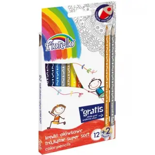 Creioane colorate Fiorello Soft, triunghiulare, 12 culori, auriu, argintiu, blister carton