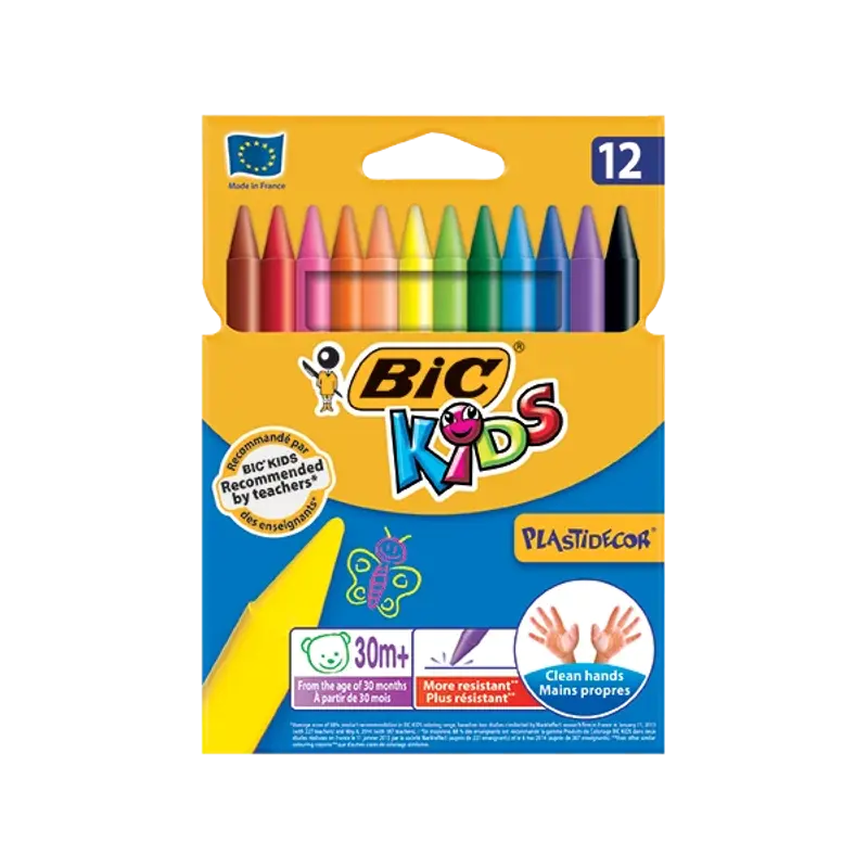 Creioane cerate Bic Kids Plastidecor, 12 culori, blister carton