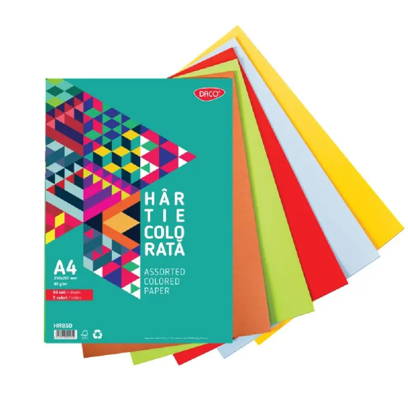 Hartie Colorata A4 50coli, 5culori Daco 80g/mp HR850