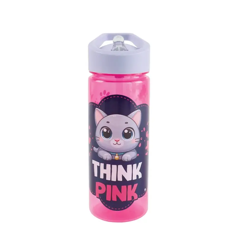 Sticla apa 600 ml, plastic, cu pai, THINK PINK, 23x8.5 cm - S-COOL