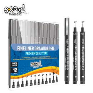 Fineliner,  dimensiuni 0.03-2 mm + varf tip pensula, 12 buc/set - S-COOL