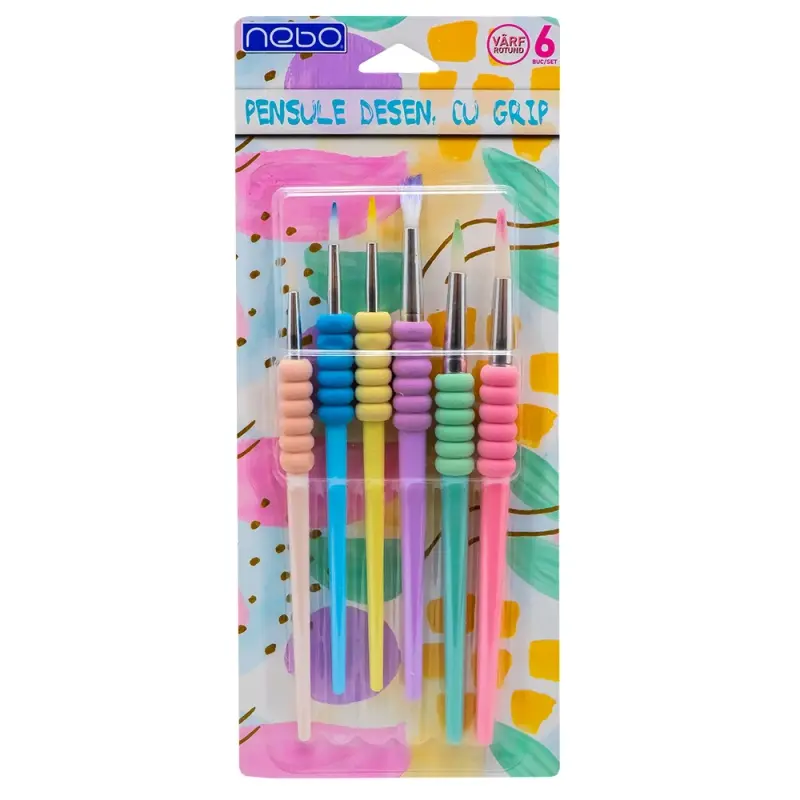 Pensule desen, cu grip, culori pastel, varf rotund, 6 buc/set - NEBO