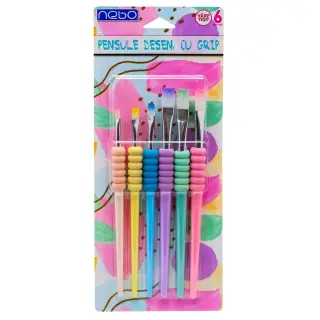 Pensule desen, cu grip, culori pastel, varf tesit, 6 buc/set - NEBO