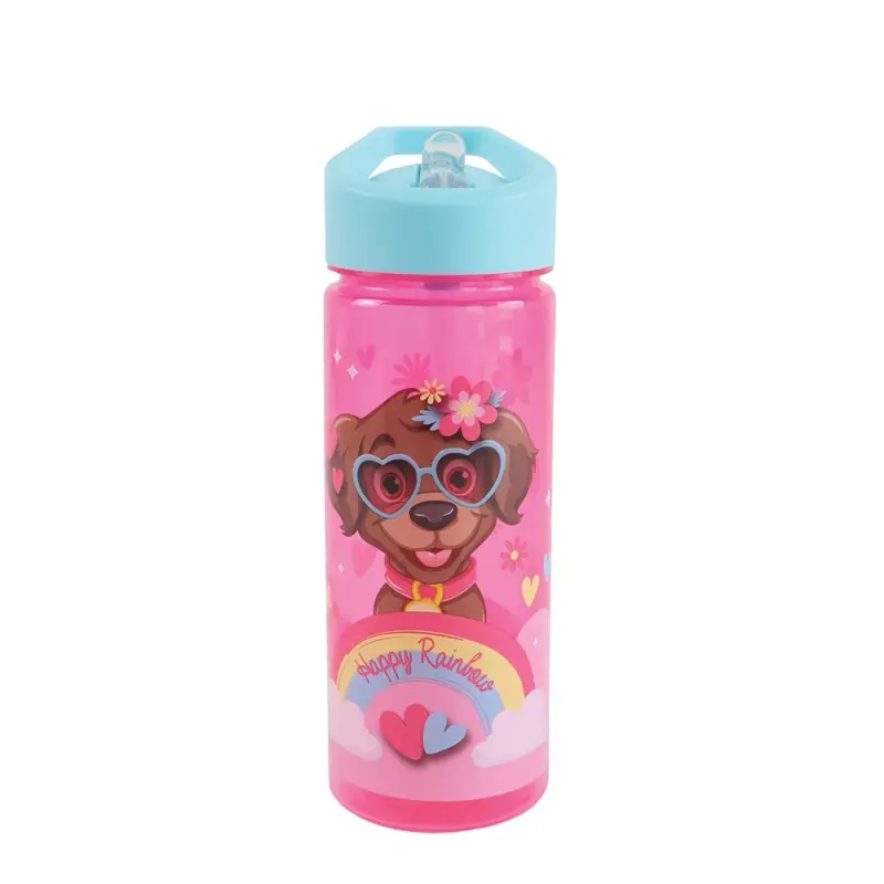 Sticla apa 600 ml, plastic, cu pai, HAPPY RAINBOW, 23x8.5 cm - S-COOL