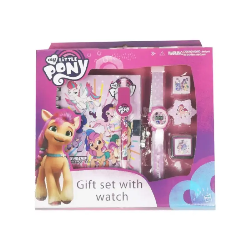 Set cadou Litlle Pony - jurnal cu lacat, pix, ceas, stampila si guma de sters