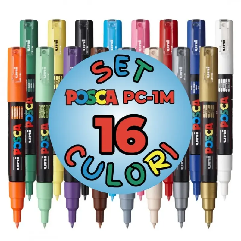 Marker UNI Posca PC-1M, varf rotund, 0.7mm, set 16 culori