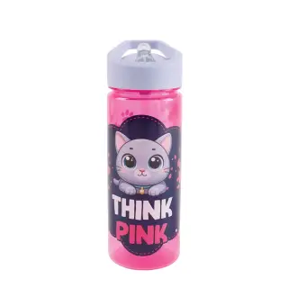 Sticla apa 600 ml, plastic, cu pai, THINK PINK, 23x8.5 cm - S-COOL