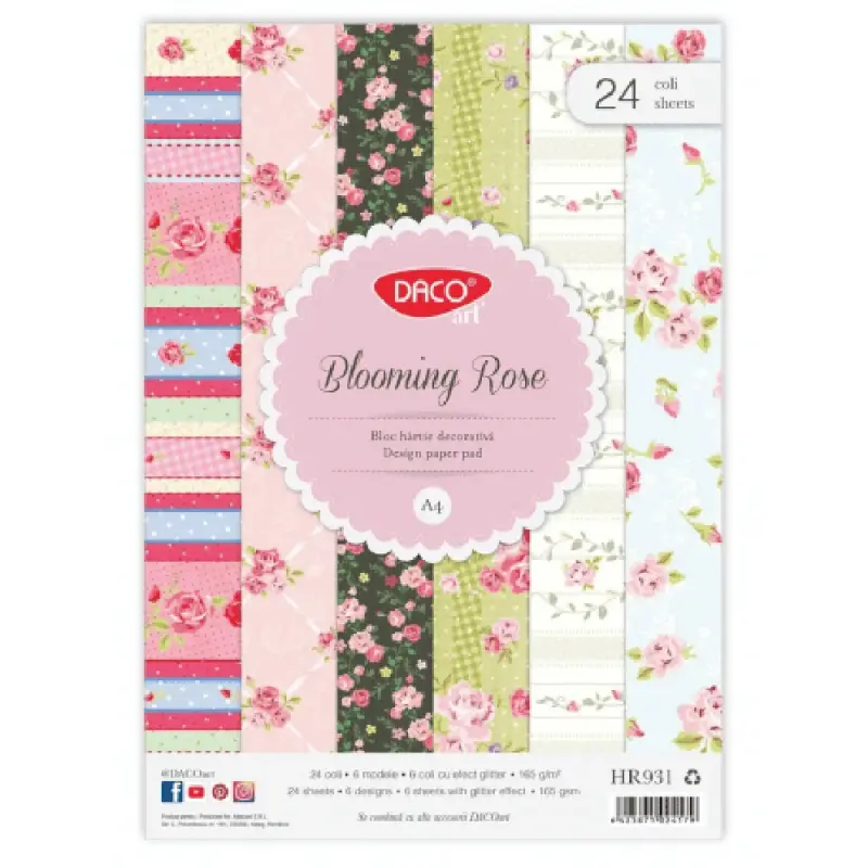 Hartie decorativa A4, 24 coli Blooming Rose DACO HR931