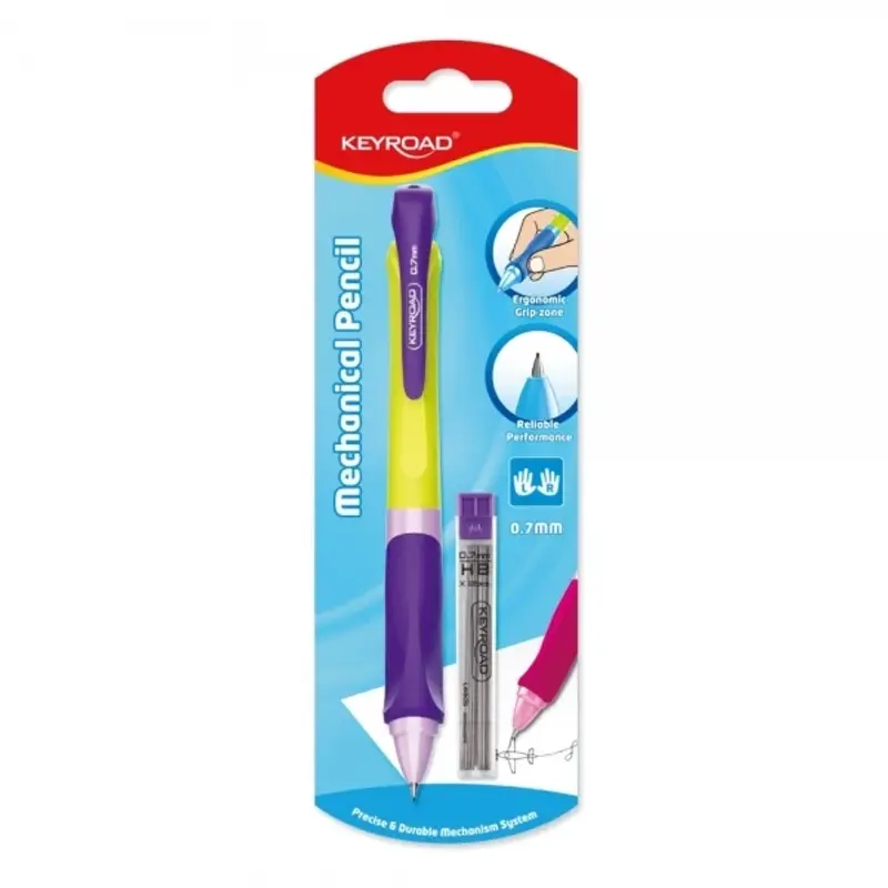 Creion mecanic Keyroad, 0.7mm, grip ergonomic, corp plastic diverse culori, blister (+1 set mine)