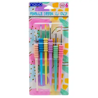 Pensule desen, cu grip, culori pastel, varf rotund, 6 buc/set - NEBO