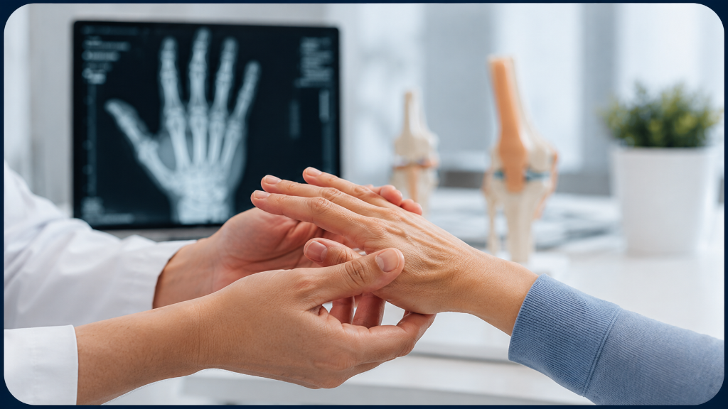 Rheumatologist examining patient hand