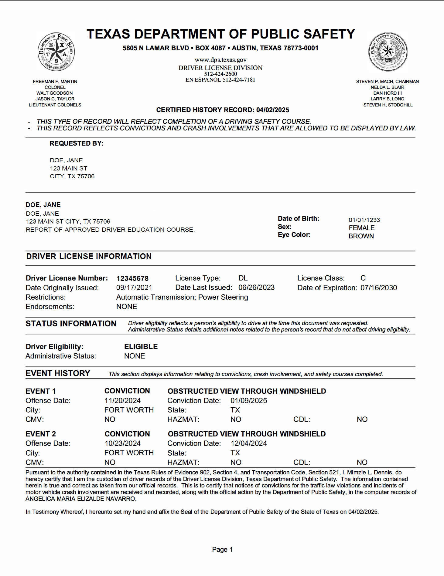 Sample certified 3a driving record