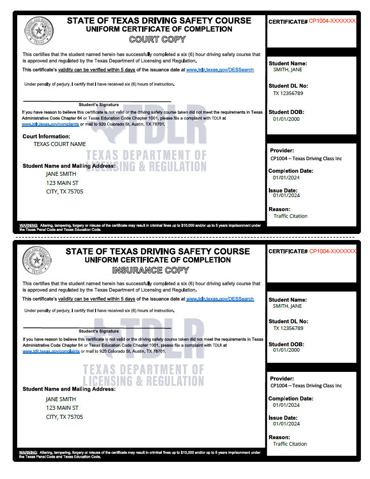 Sample certificate of completion