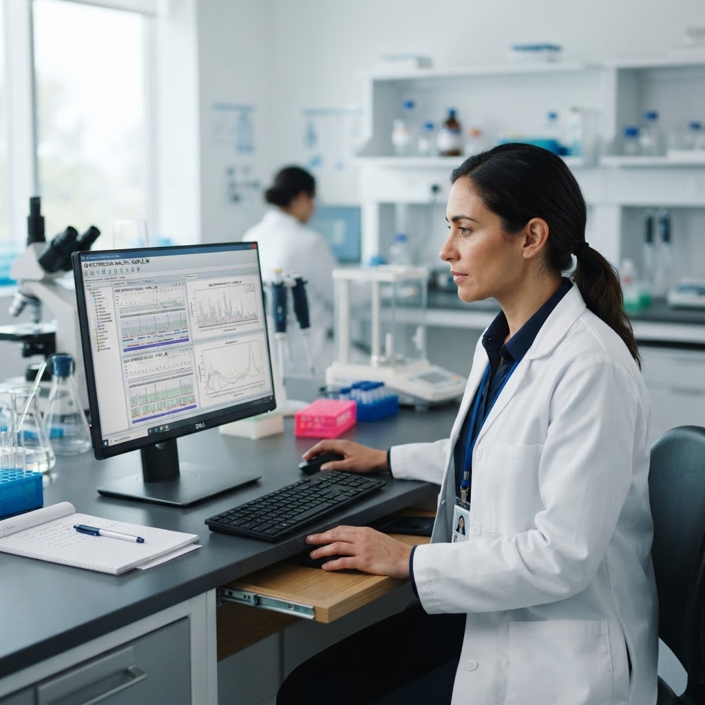 Scientist working at a computer in a modern laboratory