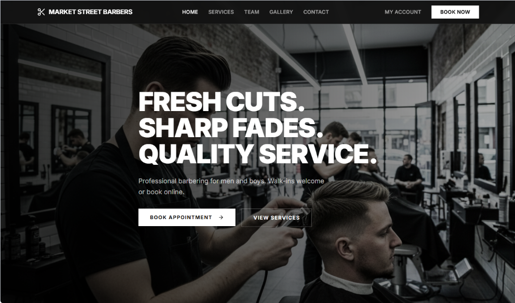 Custom barber shop website design concept by Ocean Websites — bold, modern layout for hair and grooming businesses