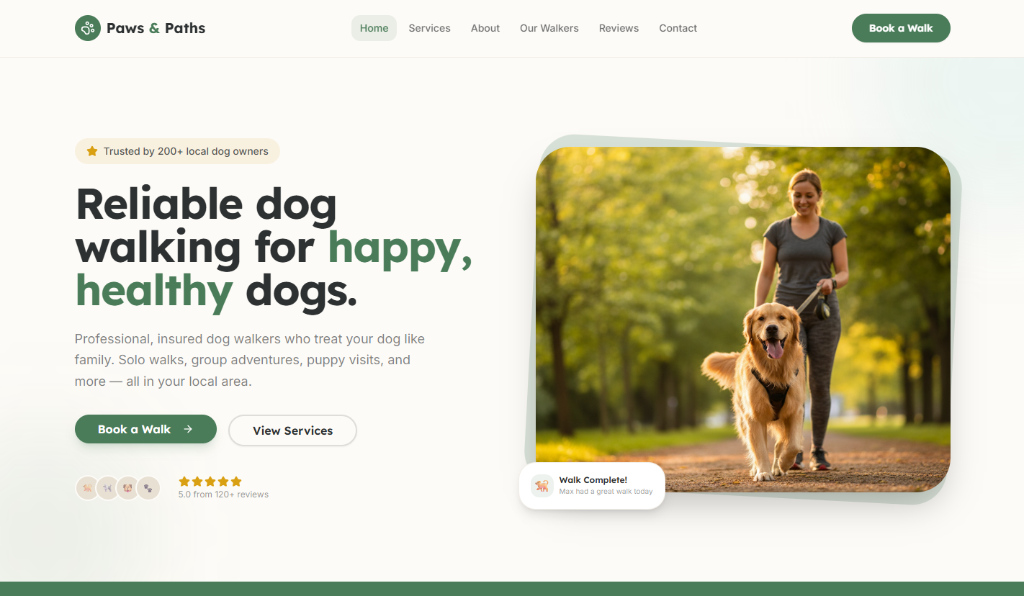 Friendly dog walking service website design concept by Ocean Websites — warm, trustworthy layout for pet care businesses