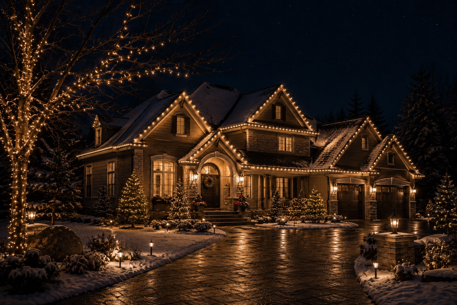 Pine tree wrapped with warm string lights beside an illuminated home