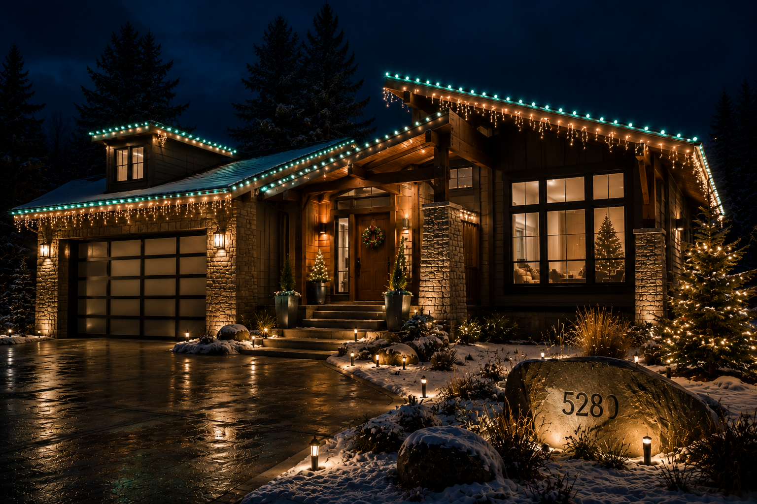 Evergreen tree glowing with warm white holiday lights